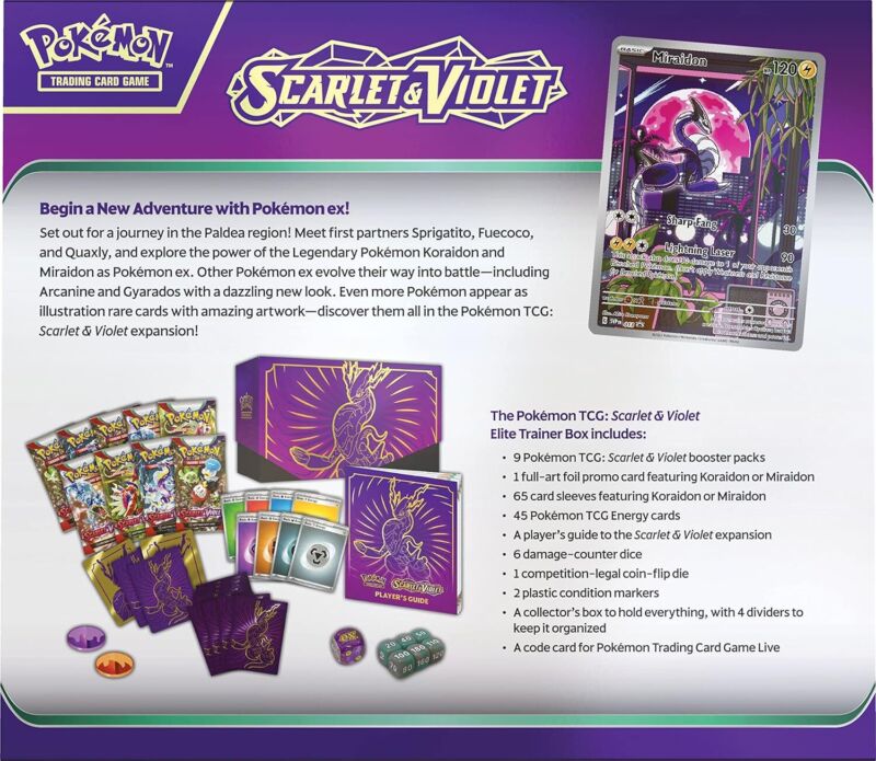 Pokémon TCG: Scarlet and Violet Elite Trainer Box - Miraidon Purple (1 Full Art Promo Card, 9 Boosters and Premium Accessories) : Toys & Games