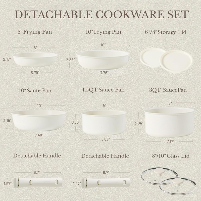 11Pcs Pots and Pans Set, Nonstick Cookware Detachable/Removable Handle, Inductio