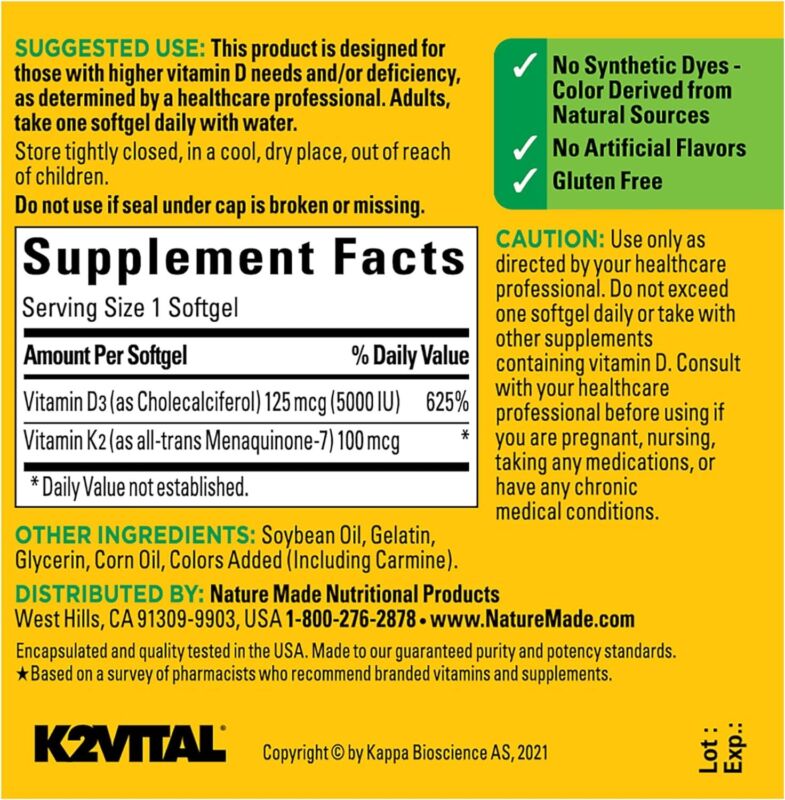 Nature Made Vitamin D3 K2, 5000 IU (125 mcg) Vitamin D, Dietary Supplement for Bone, Teeth, Muscle and Immune Health Support, 30 Softgels, 30 Day Supply : Health & Household
