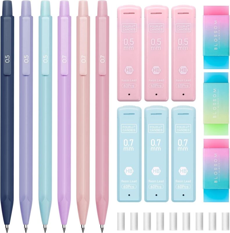 Four Candies Cute Mechanical Pencil Set, 6PCS Pastel Mechanical Pencils 0.5 & 0.7mm with 360PCS HB Pencil Leads, 3PCS Erasers and 9PCS Eraser Refills, Aesthetic Mechanical Pencils for Girls Writing : Office Products