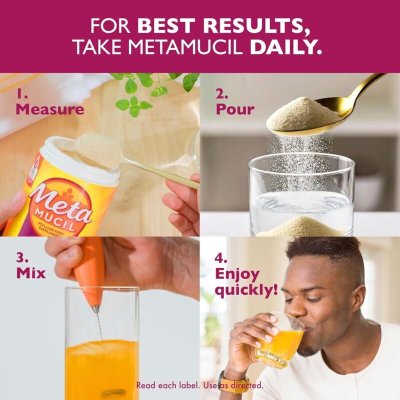 Metamucil 4 in 1 Daily Fiber Supplement Powder, Fiber Powder for Digestive Health and Regularity*, Sugar-Free, Orange, Naturally Sourced Psyllium Fiber, 180 teaspoons : Health & Household