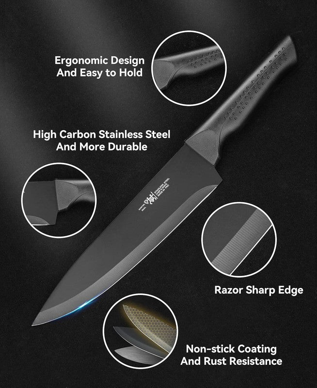 Knife Set, 15 Pcs Kitchen Knife Set with Block Self Sharpening, Dishwasher Safe, 6 Steak Knives, Anti-slip handle, Black: Home & Kitchen