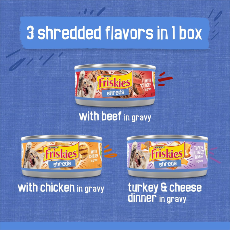 Purina Friskies Gravy Wet Cat Food Variety Pack, Shreds With Beef, With Chicken, and Turkey and Cheese Dinner - (Pack of 24) 5.5 oz. Cans : Canned Wet Pet Food : Pet Supplies