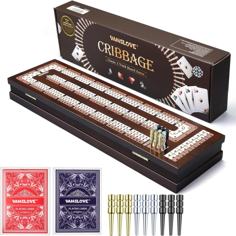 VAMSLOVE Wooden Cribbage Board Game Magnetic 3-Track Scoreboard with Large Slots for Storing 2 Playing Cards and 9 Metal Pegs, Travel Family Game Night (Instruction Included : Toys & Games