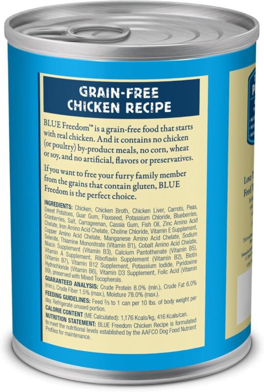 Blue Buffalo Freedom Grain-Free Wet Dog Food, Free of Glutens & Artificial Preservatives, Made with Natural Ingredients, Chicken Recipe, 12.5-oz. Cans (12 Count)