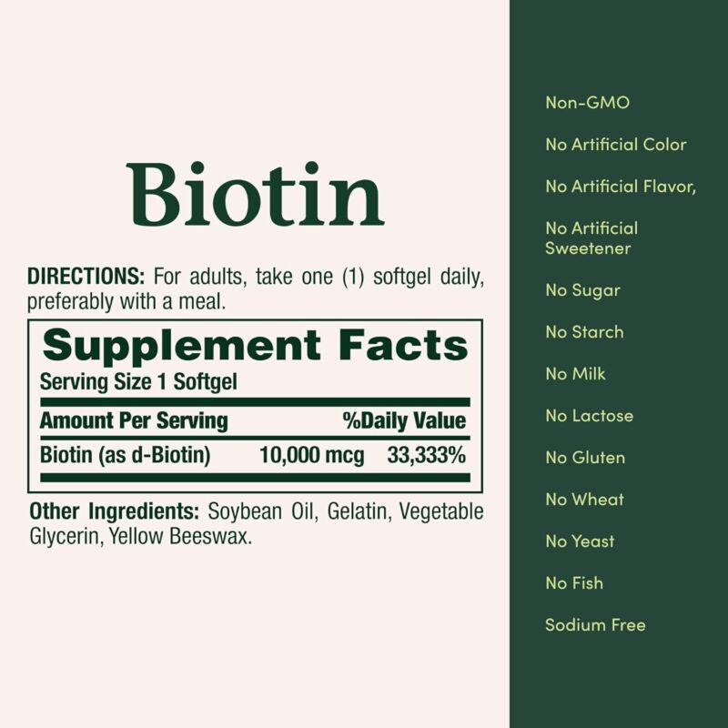 Nature's Bounty Biotin Hair Skin and Nails Vitamins, Supports Healthy Hair, Skin and Nails, 10,000 mcg, 120 Softgels (Pack of 1) : Health & Household