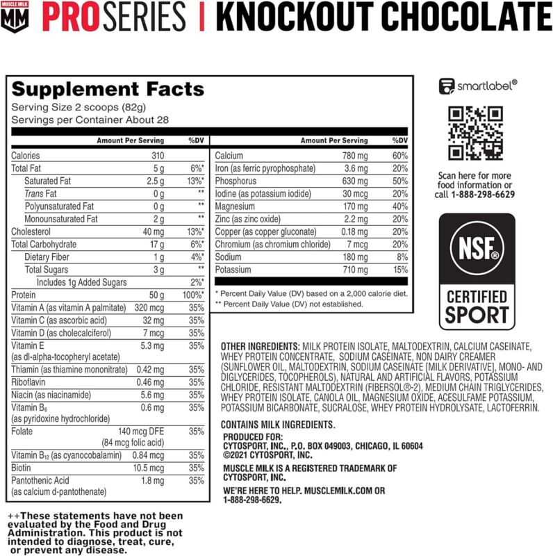 Muscle Milk Pro Series Protein Powder Supplement, Knockout Chocolate, 5 Pound, 28 Servings, 50g Protein, 3g Sugar, 20 Vitamins & Minerals, NSF Certified for Sport, Workout Recovery : Health & Household