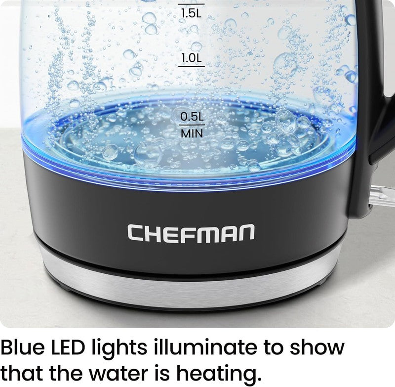 Chefman Electric Kettle, 1.8L 1500W, Hot Water Boiler, Removable Lid for Easy Cleaning, Auto Shut Off, Boil-Dry Protection, Stainless Steel Filter, BPA Free, Borosilicate Glass Electric Tea Kettle: Home & Kitchen