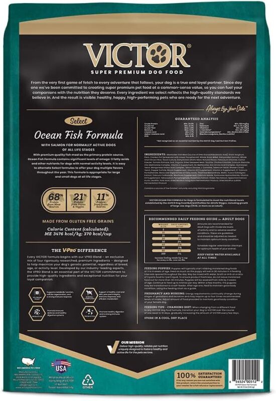 VICTOR Super Premium Dog Food – Select Ocean Fish Formula with Salmon – Omega-3 and Omega-6 Enriched Gluten-Free Dry Kibble for All Normally Active Dogs of All Life Stages, 15lbs : Pet Supplies