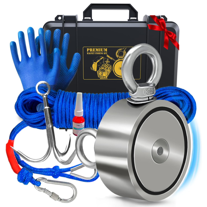 Logui Projects 1200 LB Magnet Fishing Kit with Case - 2 Fishing Magnets in 1 (Double Sided Magnet) - with Grappling Hook, Heavy Duty 65FT Rope, Gloves, Carabiner and Foldable Bucket. : Industrial & Scientific