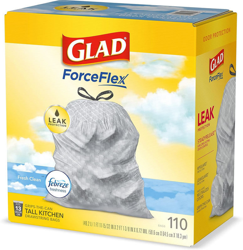 Glad Tall Kitchen Drawstring Trash Bags - Odorshield 13 Gallon White Trash Bag, Febreze Fresh Clean, 110 Count : Health & Household