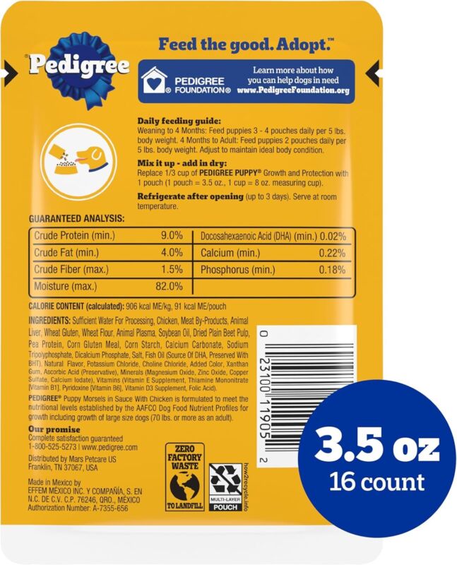 Pedigree Puppy Wet Dog Food Morsels in Sauce With Chicken, 3.5 oz. Pouches, 16 Pack