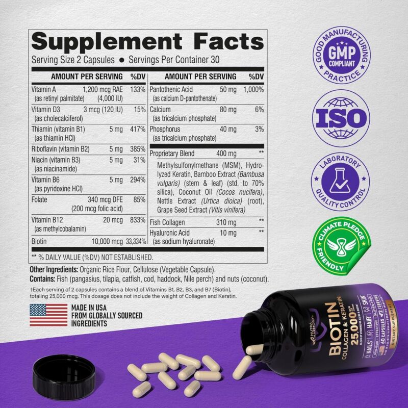 Biotin | Collagen | Keratin - Clinically Tested Supplement - Hair Growth Support, Skin & Nails - 25000 mcg Vitamins B2, B3, B6 & B7 + B1 & Hyaluronic Acid - Made in USA - Women & Men | 60 Capsules : Health & Household