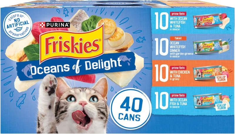 Purina Friskies Wet Cat Food Variety Pack, Oceans of Delight Flaked and Prime Filets - (Pack of 40) 5.5 oz. Cans : Pet Supplies