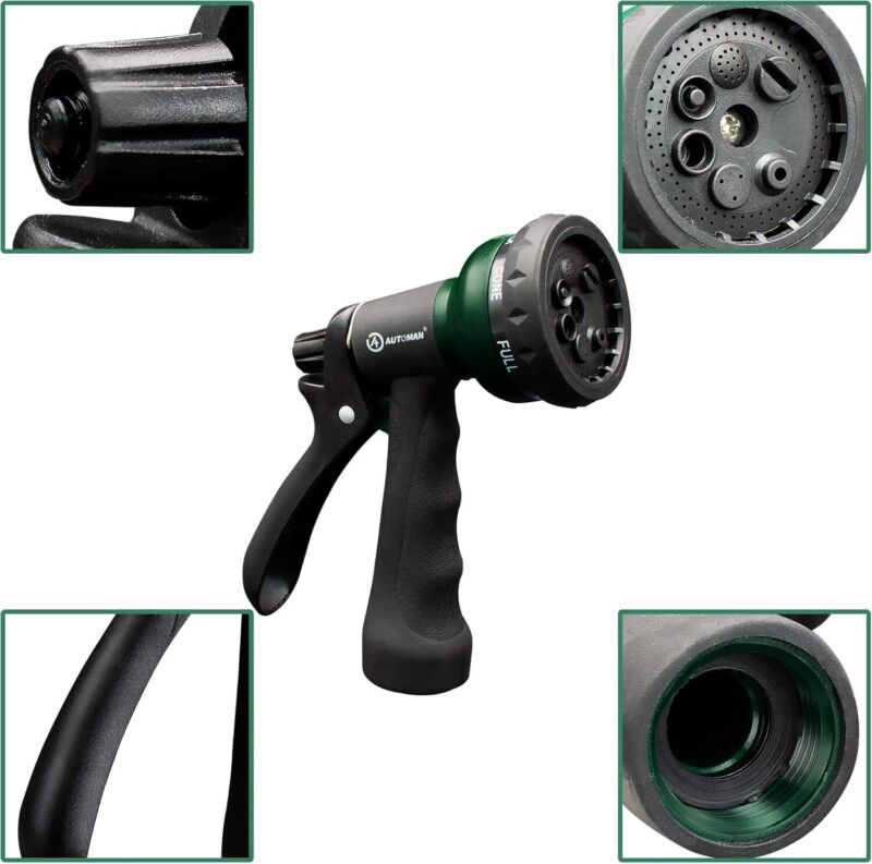 AUTOMAN-Garden-Hose-Nozzle, ABS Water Spray Nozzle with 7 Adjustable Watering Patterns, Slip Resistant for Watering Plants, Lawn& Garden, Washing Cars, Cleaning, Showering Pets & Outdoor Fun. : Patio, Lawn & Garden