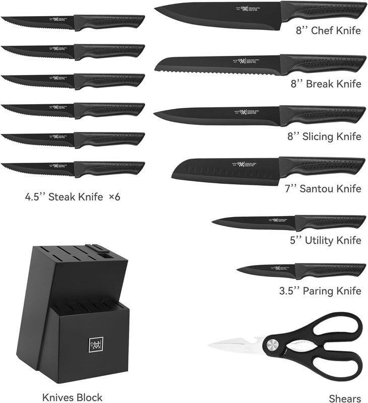 Knife Set, 15 Pcs Kitchen Knife Set with Block Self Sharpening, Dishwasher Safe, 6 Steak Knives, Anti-slip handle, Black: Home & Kitchen