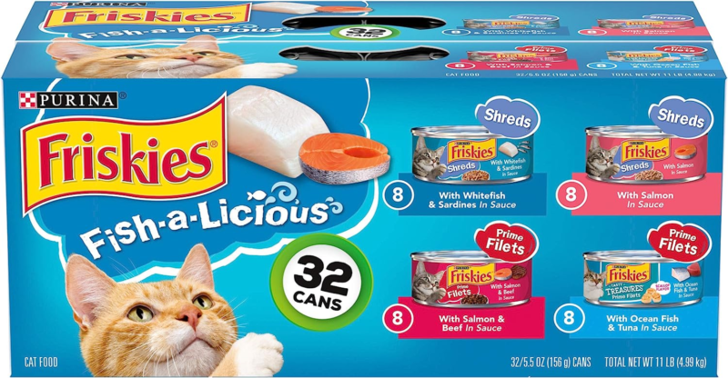 Purina Friskies Wet Cat Food Variety Pack Fish-A-Licious Extra Gravy, Prime Filets and Tasty Treasures - (Pack of 32) 5.5 oz. Cans : Pet Supplies