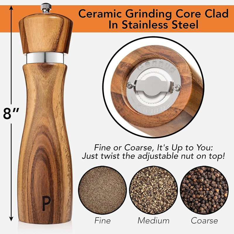 Gennua Kitchen Wooden Salt and Pepper Grinder Set: Refillable Salt & Pepper Mills Adjust for Customized Coarseness, Crafted of Solid Acacia Wood with Ceramic/Stainless Steel Core, 8 Inches Each: Home & Kitchen