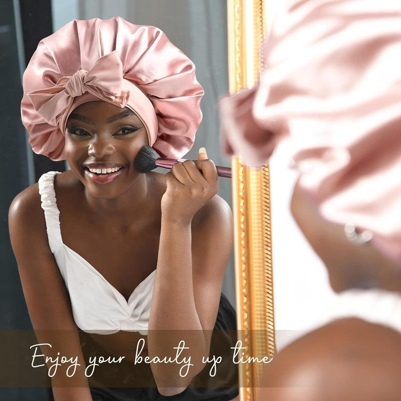 YANIBEST Silk Bonnet for Sleeping Women Satin Bonnet Double Layer Satin Lined Hair Bonnet with Tie Band Curly Hair Blush Pink Mom : Beauty & Personal Care