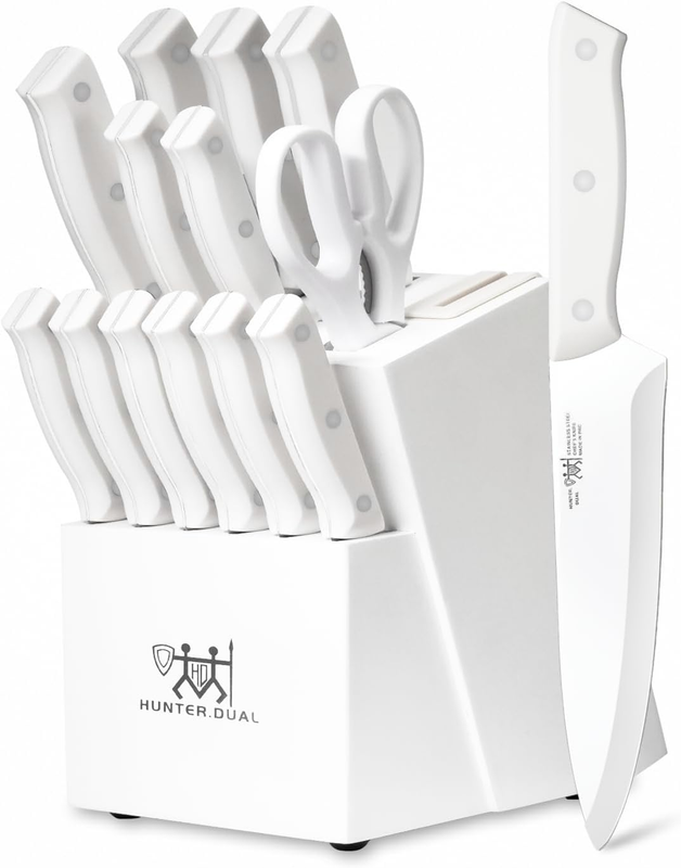Knife Set, HUNTER.DUAL 15 Piece Kitchen Knife Set with Block and Built-in sharpener, Dishwasher Safe, Anti-slip Handle, White: Home & Kitchen