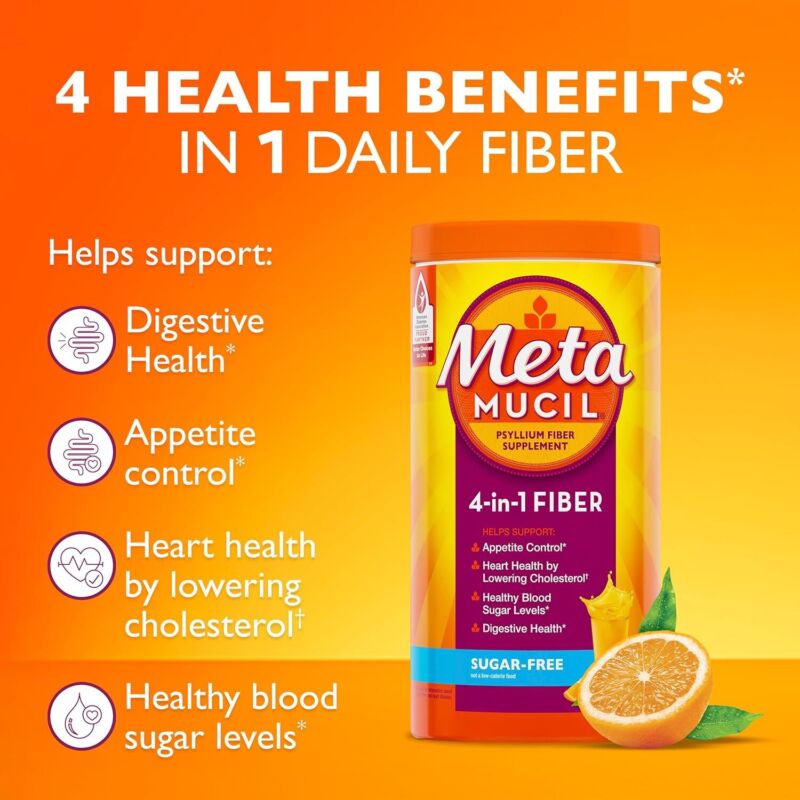 Metamucil 4 in 1 Daily Fiber Supplement Powder, Fiber Powder for Digestive Health and Regularity*, Sugar-Free, Orange, Naturally Sourced Psyllium Fiber, 180 teaspoons : Health & Household