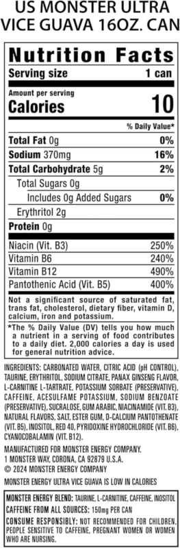 Monster Energy Ultra Vice Guava, Sugar Free Energy Drink, 16 Ounce (Pack of 15) : Grocery & Gourmet Food