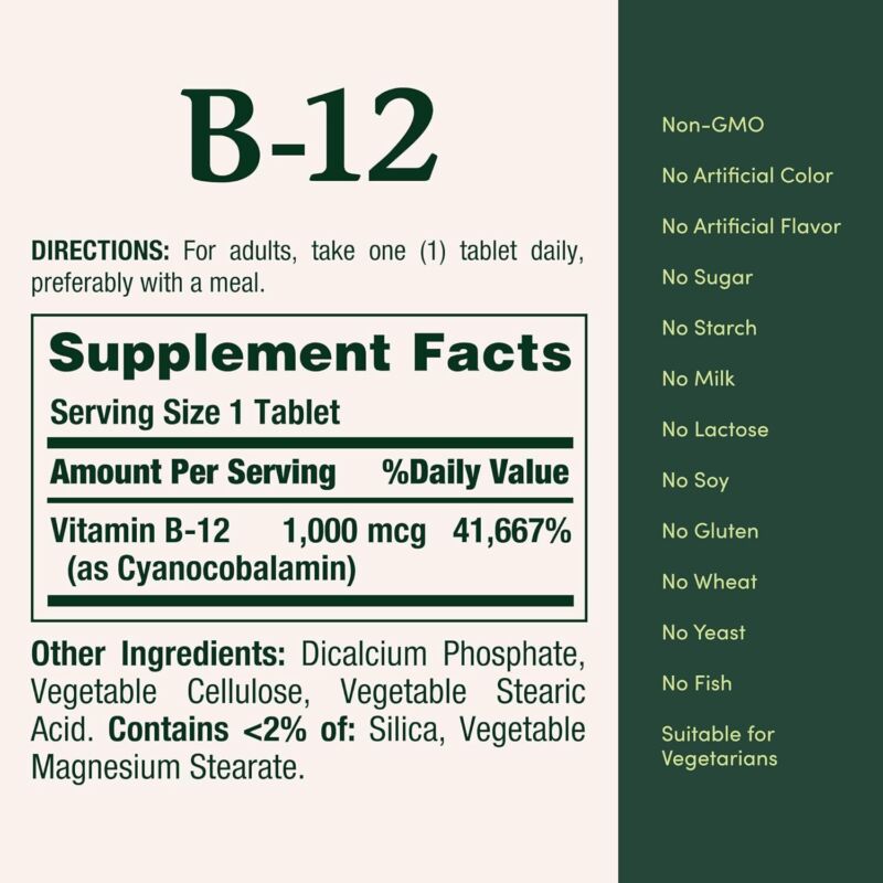 Nature's Bounty Vitamin B12 1000 mcg Supplements, Supports Energy Metabolism, 200 Coated Tablets : Health & Household
