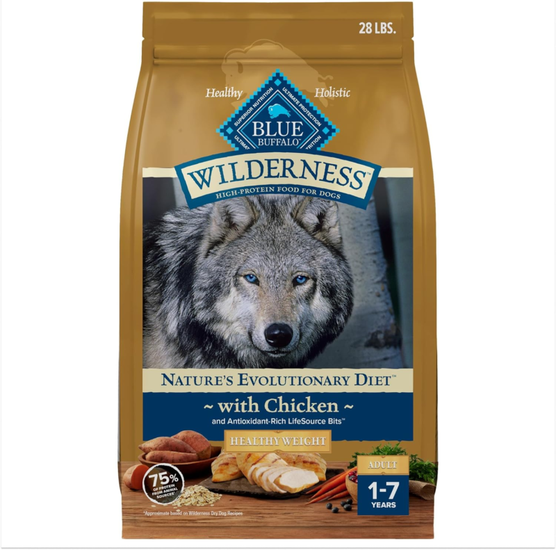 Blue Buffalo Wilderness Natural High-Protein Healthy Weight Dry Food for Adult Dogs, Chicken Recipe, 28-lb. Bag : Sports & Outdoors