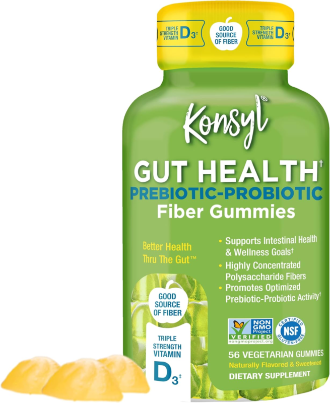 Konsyl Gut Health Prebiotic Probiotic Fiber Gummies Digestive Support 56 Ct
