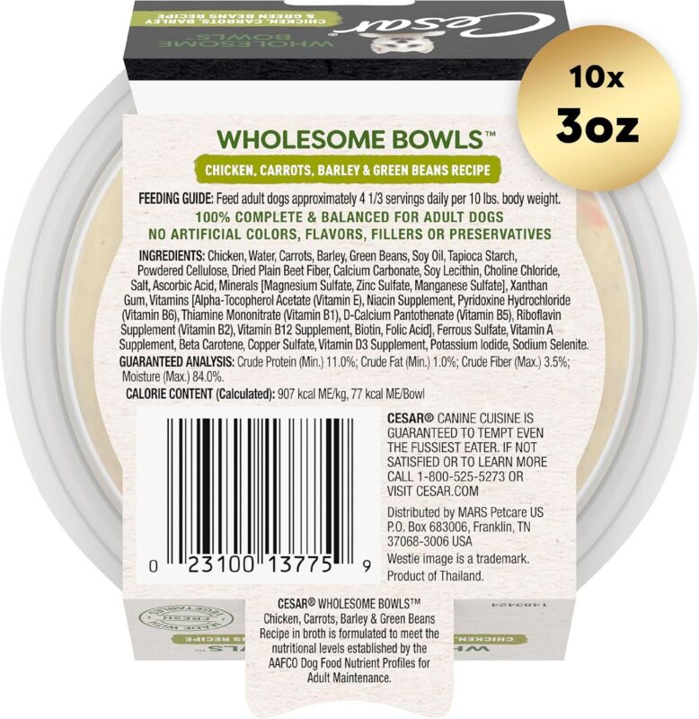 CESAR WHOLESOME BOWLS Adult Soft Wet Dog Food, Chicken, Carrots, Barley & Green Beans Recipe, 3 oz., Pack of 10