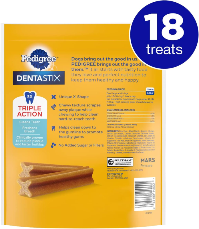 Pedigree Dentastix Large Breed Dog Treats, Original Flavor, 14.99 oz. Bag (18 Treats) : Pet Supplies