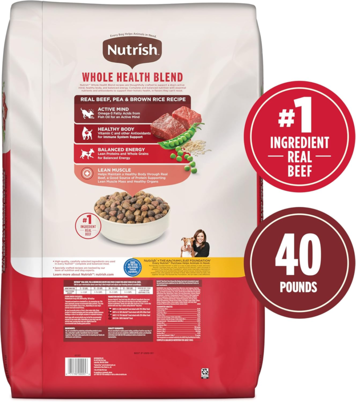 Nutrish Dry Dog Food, Real Beef, Pea & Brown Rice Recipe Whole Health Blend for Adult Dogs, 40 lb. Bag, Packaging May Vary (Formerly Rachael Ray)