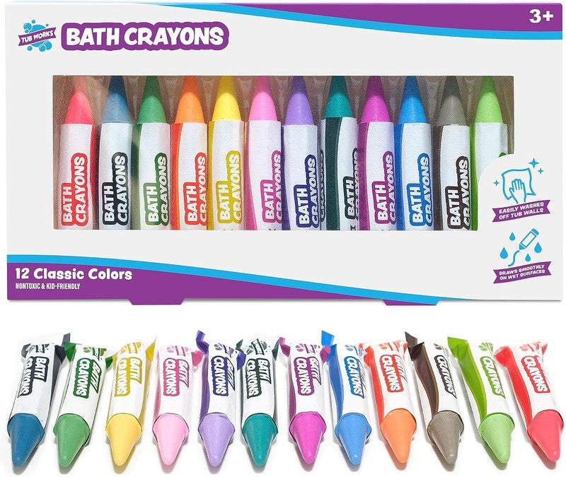 Tub Works® Smooth™ Bath Crayons Bath Toy, 12 Pack | Nontoxic, Washable Bath Crayons for Toddlers & Kids | Unique Formula Draws Smoothly & Vividly on Wet & Dry Tub Walls | Hexagon Grip Bathtub Crayons : Toys & Games