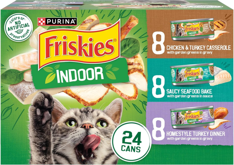 Purina Friskies Indoor Cat Food 24ct VP - (Chicken and Turkey Casserole, Saucy Seafood Bake, Homestyle Turkey Dinner) - (Pack of 24) 5.5 oz. Cans : Pet Supplies