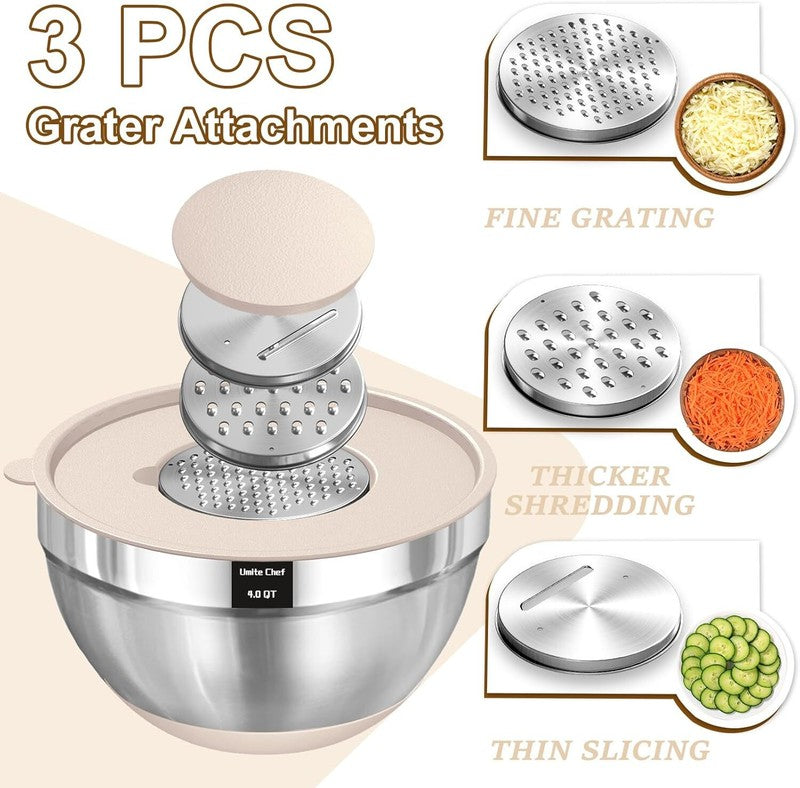 Umite Chef Mixing Bowls with Airtight Lids Set, 8PCS Stainless Steel Khaki Nesting Bowls with Grater Attachments, Kitchen Bowls with Non-Slip Bottoms, Size 5, 4, 3.5, 2, 1.5QT for Mixing & Serving: Home & Kitchen