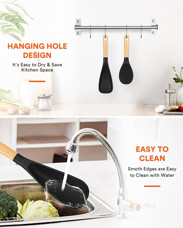 Cooking Spoon and Rice Scooper for Nonstick Cookwares, Great for Cooking and Serving Sturdy BPA-Free Matte Silicone, Wood Handle Spoon for Mixing, Scoop, and Scrape (Black): Home & Kitchen