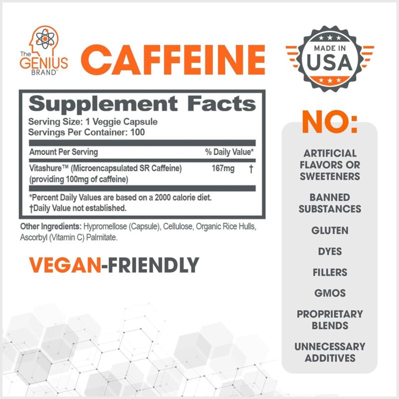 Genius Caffeine - Sustained-Release Microencapsulated Caffeine Pills for Smooth, Long-Lasting Energy & Focus - No Jitters or Crash - 100mg per Capsule - 100 Servings - Natural Performance Booster : Health & Household