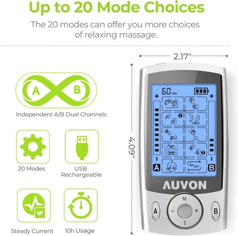 AUVON Dual Channel TENS Unit Muscle Stimulator Machine with 20 Modes, 2" and 2"x4" TENS Unit Electrode Pads : Health & Household