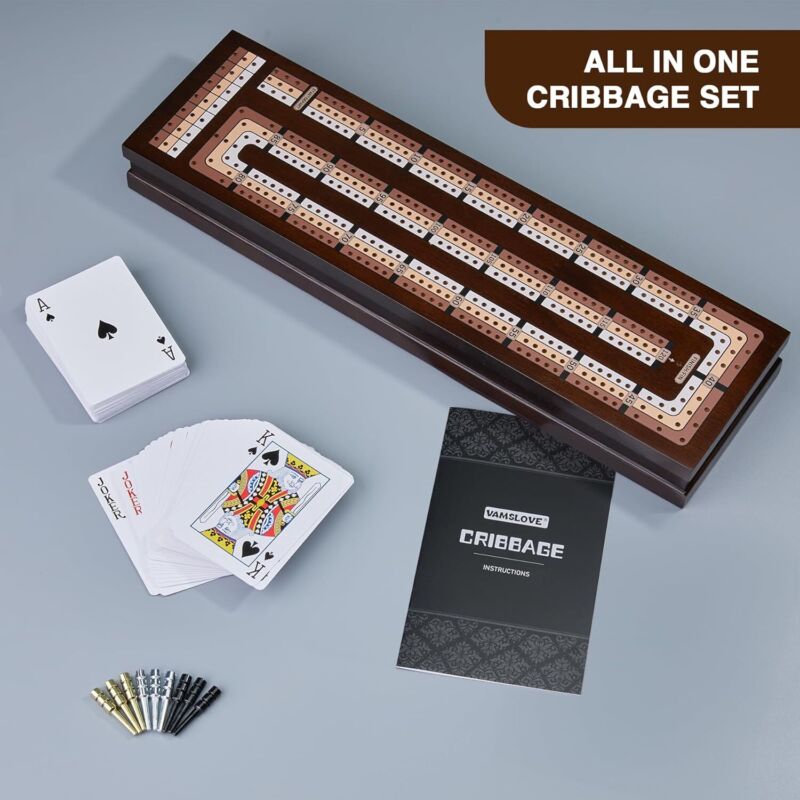 VAMSLOVE Wooden Cribbage Board Game Magnetic 3-Track Scoreboard with Large Slots for Storing 2 Playing Cards and 9 Metal Pegs, Travel Family Game Night (Instruction Included : Toys & Games