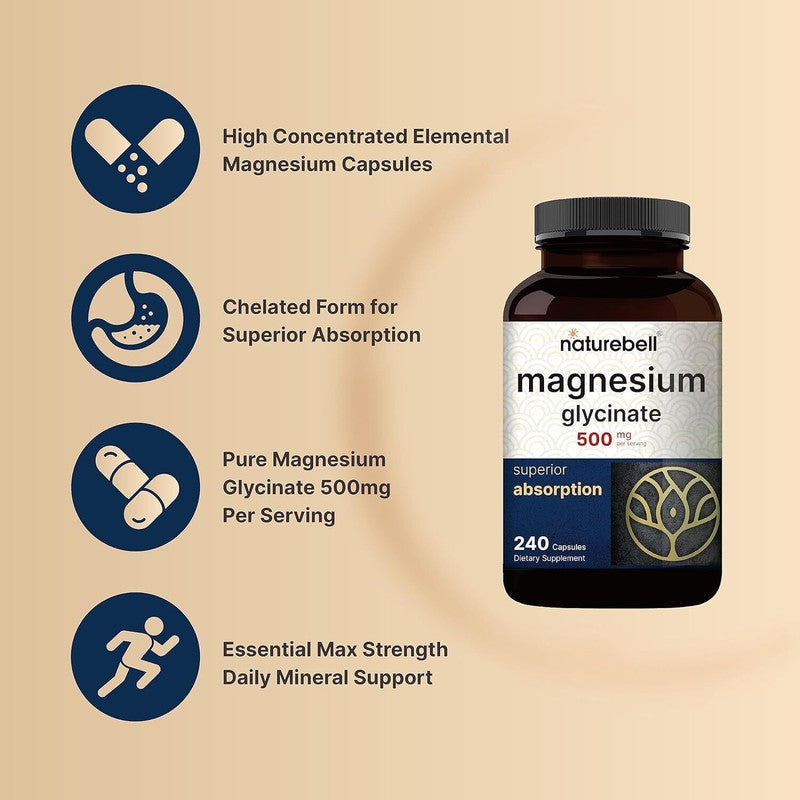 Magnesium Glycinate Capsules 500mg | 240 Count, 100% Chelated & Purified, 3rd Party Tested, Non-GMO & Gluten Free : Health & Household