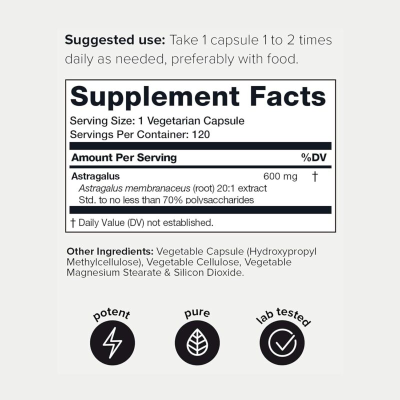 Astragalus - Ultra High Potency 20:1 Extract with 70% Polysaccharides - Highly Concentrated - Third-Party Lab Tested - 120 Capsules : Health & Household