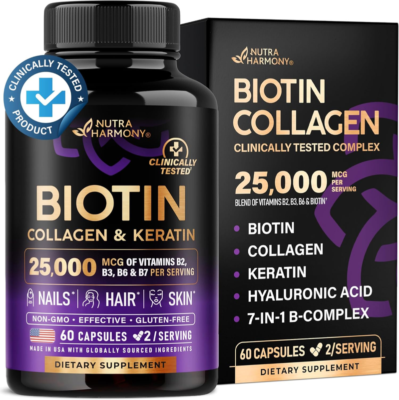 Biotin | Collagen | Keratin - Clinically Tested Supplement - Hair Growth Support, Skin & Nails - 25000 mcg Vitamins B2, B3, B6 & B7 + B1 & Hyaluronic Acid - Made in USA - Women & Men | 60 Capsules : Health & Household