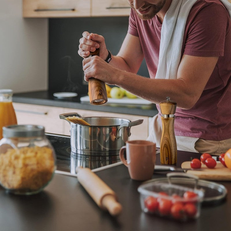 Gennua Kitchen Wooden Salt and Pepper Grinder Set: Refillable Salt & Pepper Mills Adjust for Customized Coarseness, Crafted of Solid Acacia Wood with Ceramic/Stainless Steel Core, 8 Inches Each: Home & Kitchen