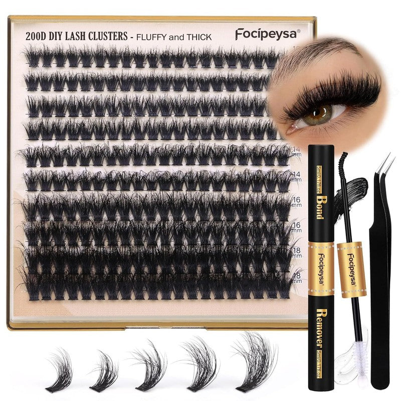Focipeysa Lash Extension Kit Thick Eyelash Extension Kit 10-18mm Volume Lash Clusters 200D Individual Eyelashes Kit with Lash Bond, Lash Remover, Lash Applicator, DIY Lashes Extension : Beauty & Personal Care