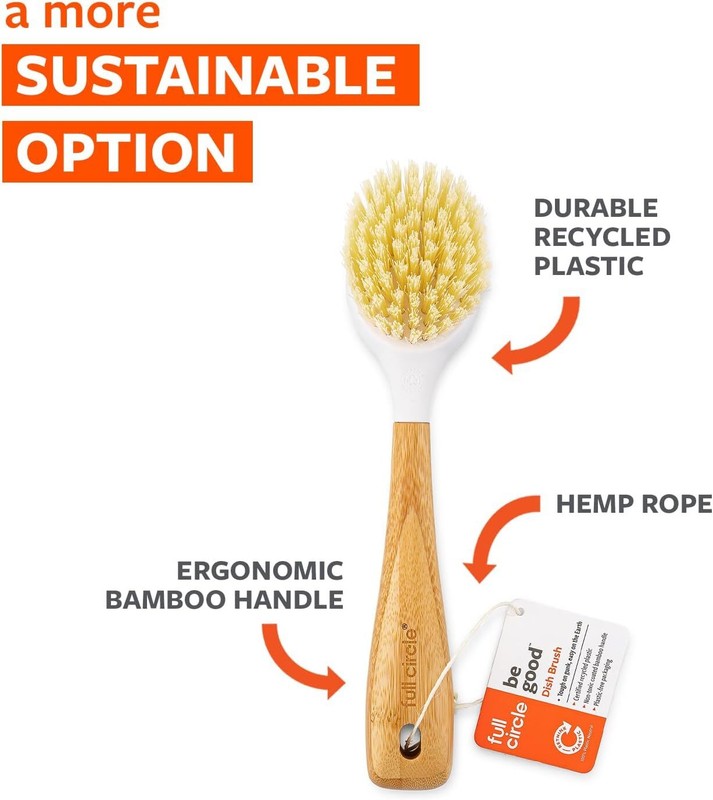 Full Circle Be Good Bamboo Handle Dish Brush – Sustainable Kitchen Cleaning with Tough Bristles - Natural Dish Scrubber & Cast Iron Cleaner - Long Handle Brush for Dishes, Pots, and Pans, White : Home & Kitchen