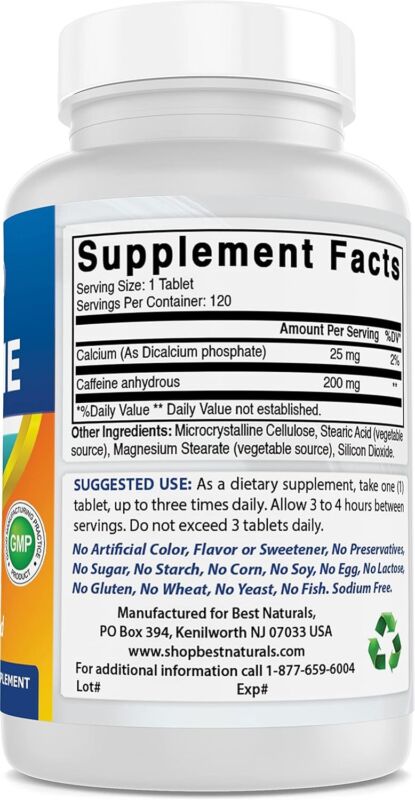 Best Naturals 3 Pack Caffeine Pills 200mg Tablets - Non Habit - Proven No Crash or Jitters - Total 360 Tablets : Health & Household