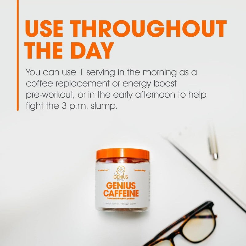 Genius Caffeine - Sustained-Release Microencapsulated Caffeine Pills for Smooth, Long-Lasting Energy & Focus - No Jitters or Crash - 100mg per Capsule - 100 Servings - Natural Performance Booster : Health & Household