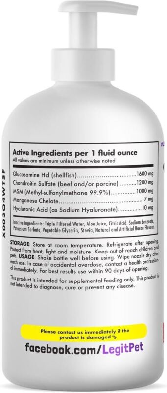 Liquid Glucosamine for Dogs Bacon Flavour with Chondroitin, MSM & Hyaluronic Acid K9 Supplement Hip and Joint Formula Advanced Mobility Joint Pain Relief Senior Advanced Supplement for All Breeds : Pet Supplies