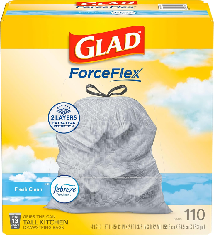 Glad Tall Kitchen Drawstring Trash Bags - Odorshield 13 Gallon White Trash Bag, Febreze Fresh Clean, 110 Count : Health & Household