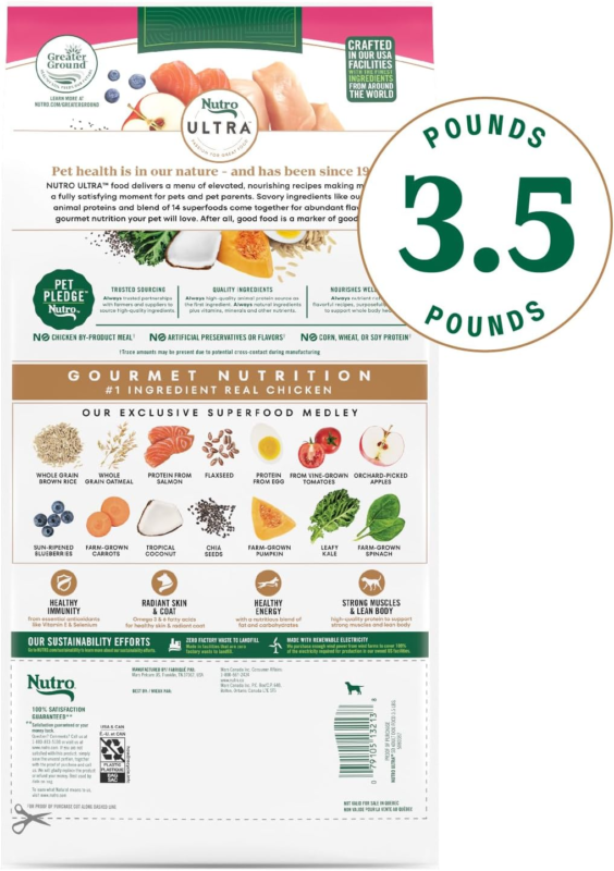 Nutro Ultra Adult Small Breed Dry Dog Food, Chicken, Lamb and Salmon Protein Trio, 3.5 lb. Bag : Pet Supplies